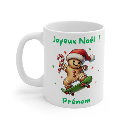 Mug Noël Pain d'Épice sur Skate – Tasse Personnalisable avec Prénom