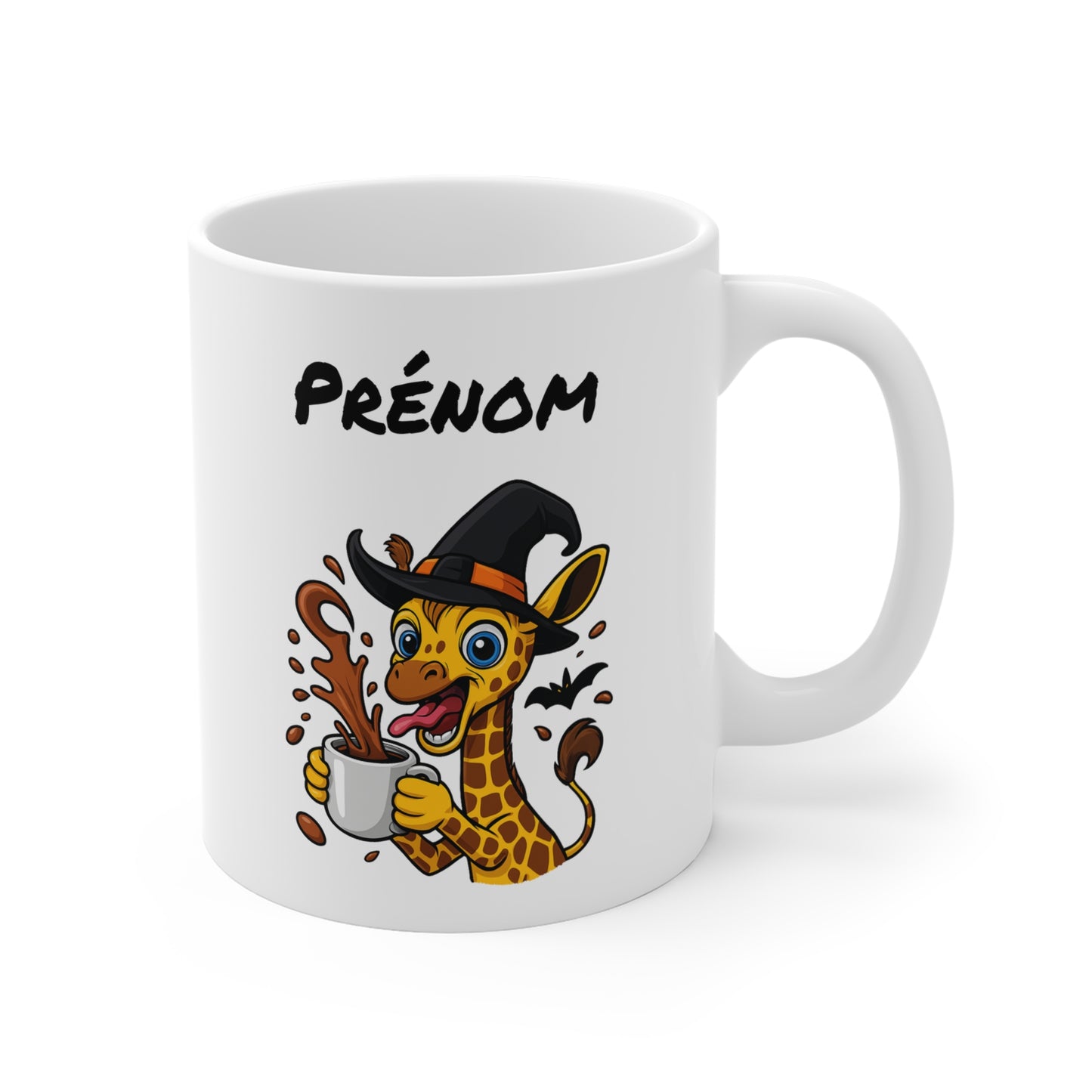 Tasse Personnalisable Girafe Sorcière Café – Mug Prénom Céramique 325ml – Cadeau Drôle Halloween