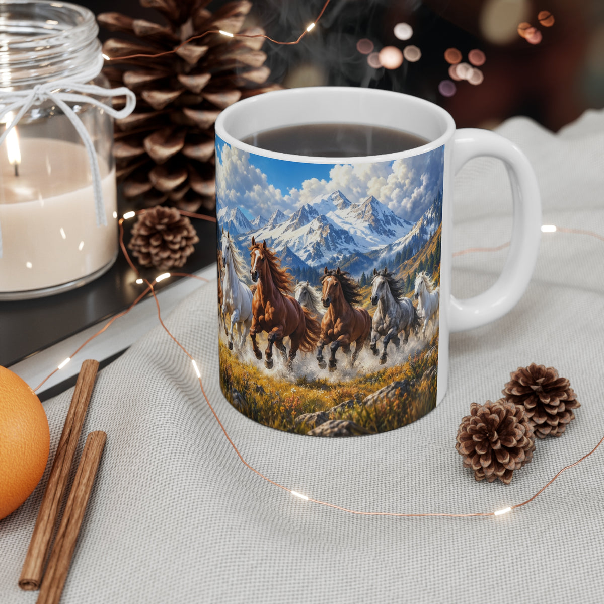 Mug Chevaux au Galop dans les Montagnes – Tasse Paysage Nature avec Troupeau de Chevaux – Cadeau Original Amoureux des Chevaux