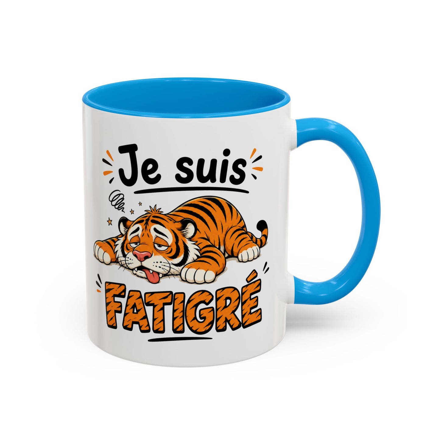 Mug Je suis Fatigré – Tasse Humoristique avec Tigre Fatigué – Cadeau Drôle pour Homme Femme – Idée Cadeau Café Thé Noir Bleu Rouge