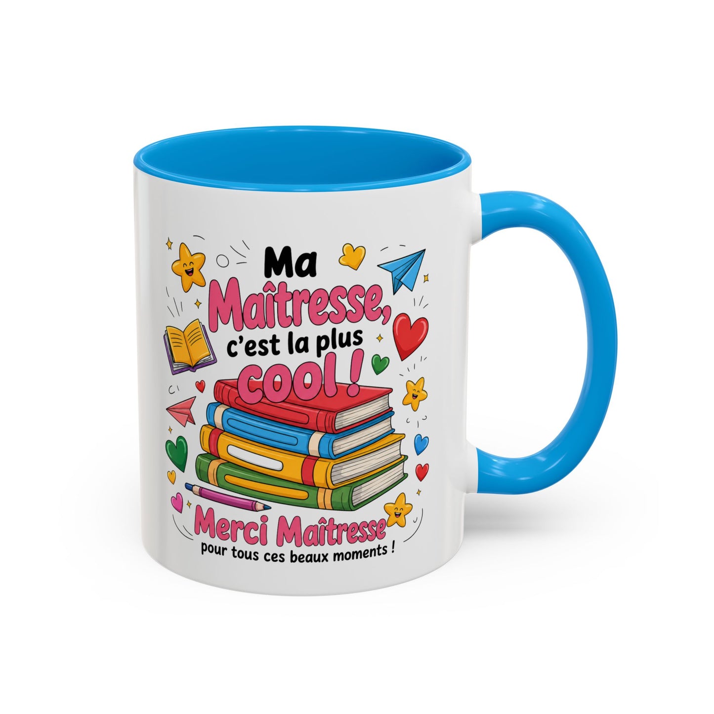 Tasse Merci Maîtresse – Mug Cadeau Fin d’Année École Primaire – Remerciement Enseignante 325ml Noir Bleu Rouge