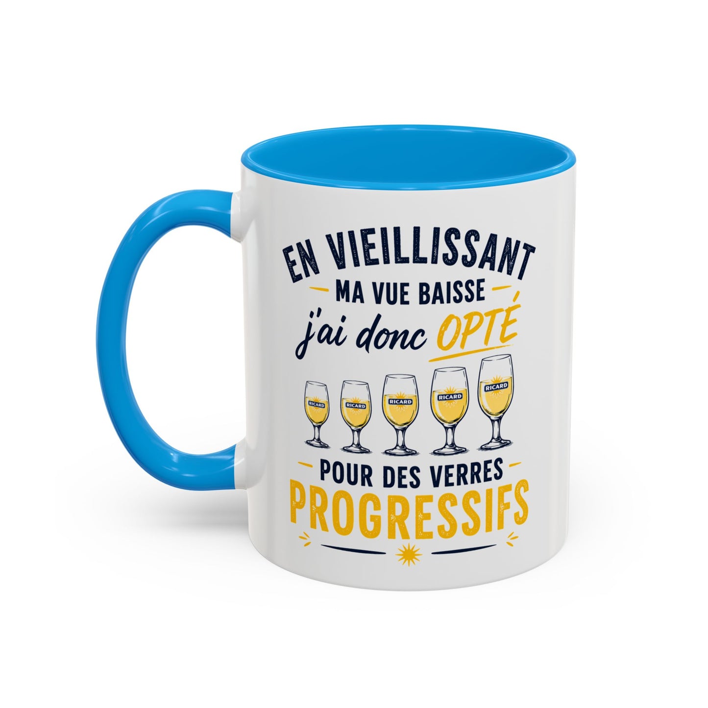 Mug Humour Pastis et Vieillesse – En Vieillissant Ma Vue Baisse J’ai Donc Opté pour des Verres Progressifs – Cadeau Drôle 325ml