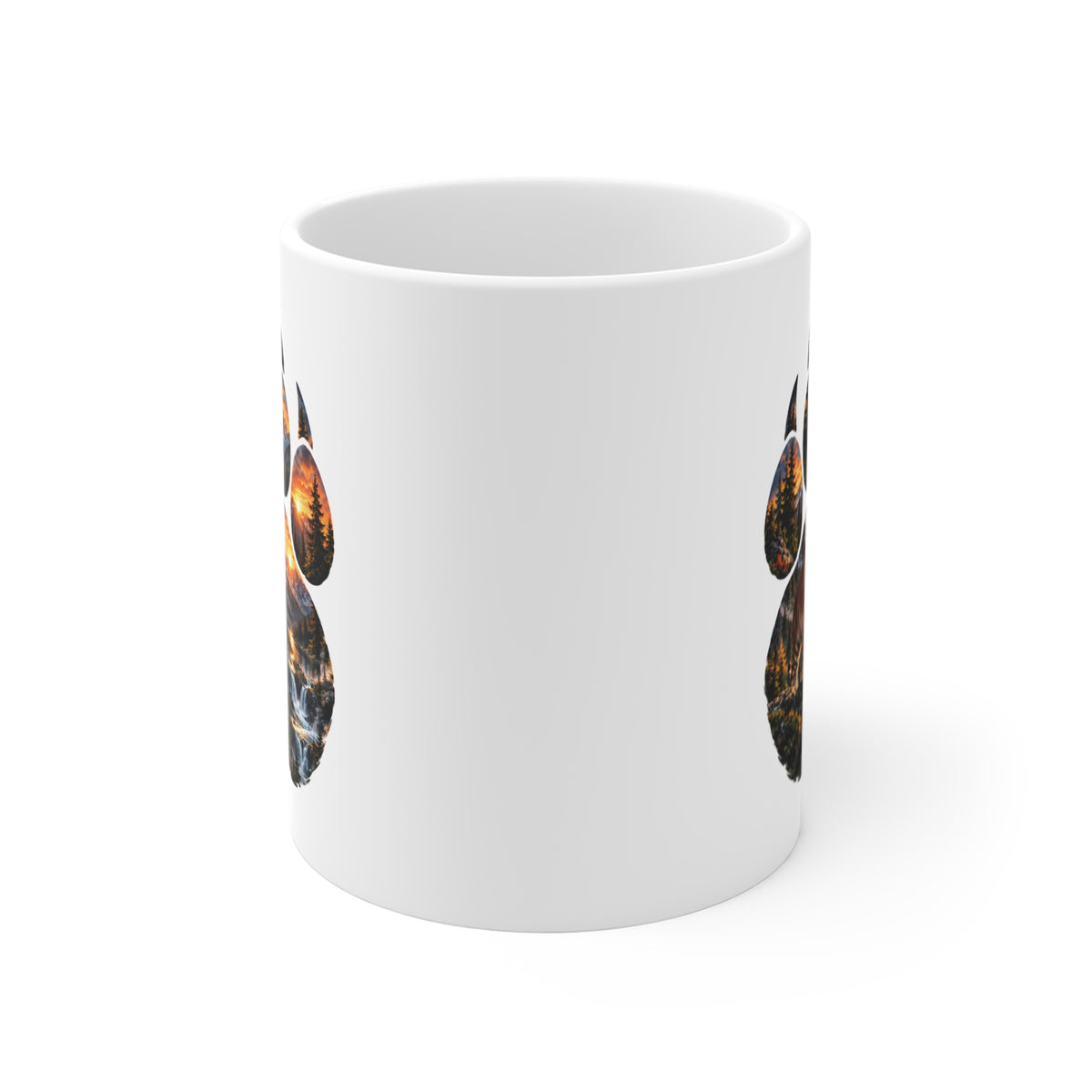 Mug Tigre dans une Empreinte de Patte – Tasse Paysage Montagne, Forêt et Cascades au Coucher de Soleil – Cadeau Original Amoureux des Tigres