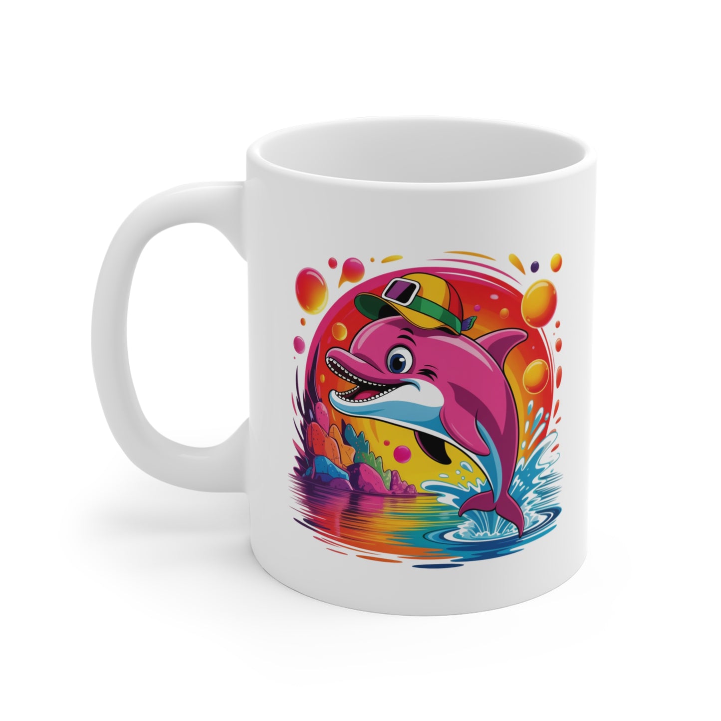 Mug Dauphin Rose Kawaii – Tasse Dauphin Tropical Arc-en-Ciel – Design Marin Coloré et Féérique – Cadeau Original pour Amoureux des Dauphins et de l’Océan – Céramique 325ml