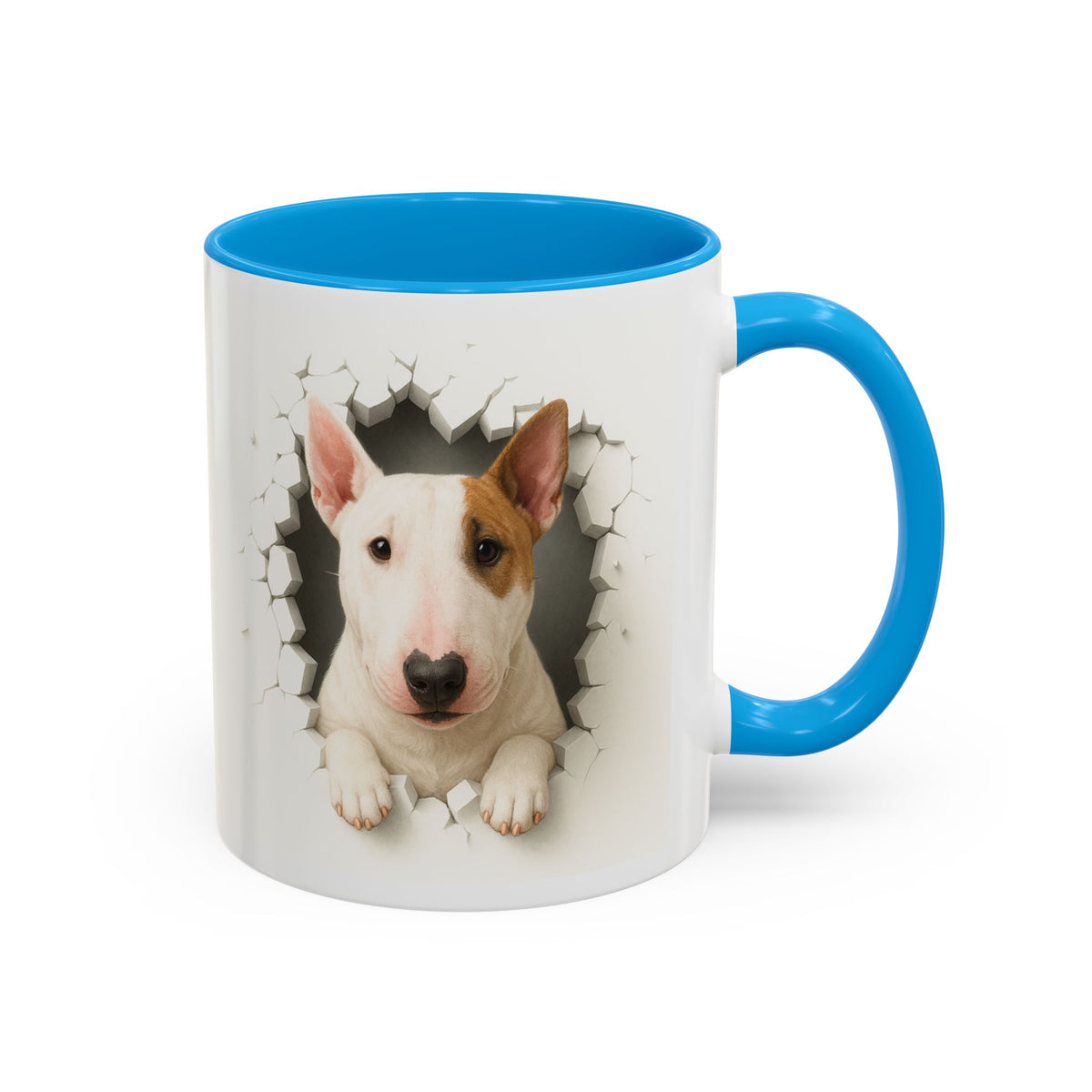 Mug Bull Terrier Effet Mur Cassé – Tasse Chien 3D Trompe-l’œil – Cadeau Original Amoureux du Bull Terrier noir bleu rouge