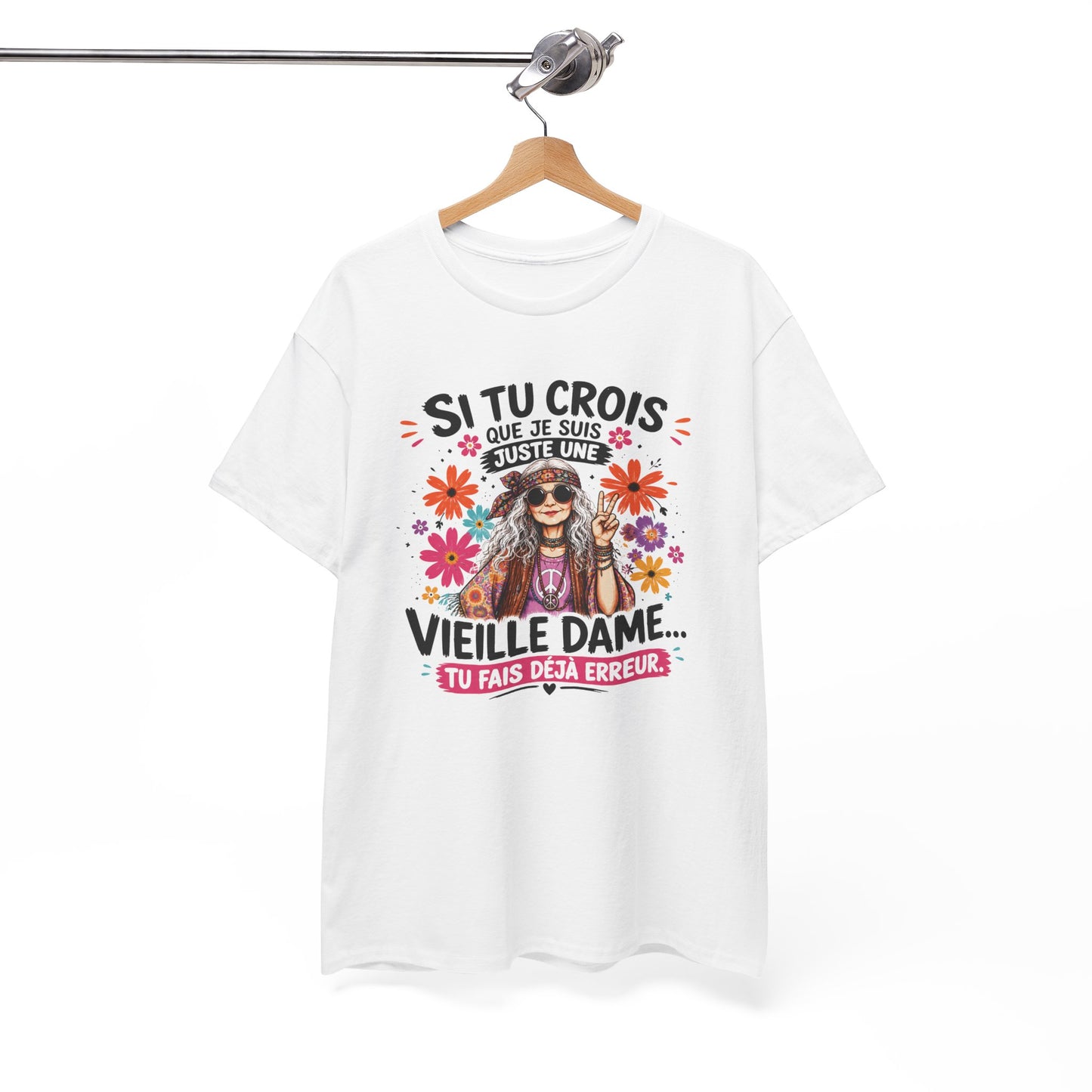 T-Shirt Femme Hippie Humour – Vieille Dame Flower Power Vintage – Cadeau Femme Bohème Drôle