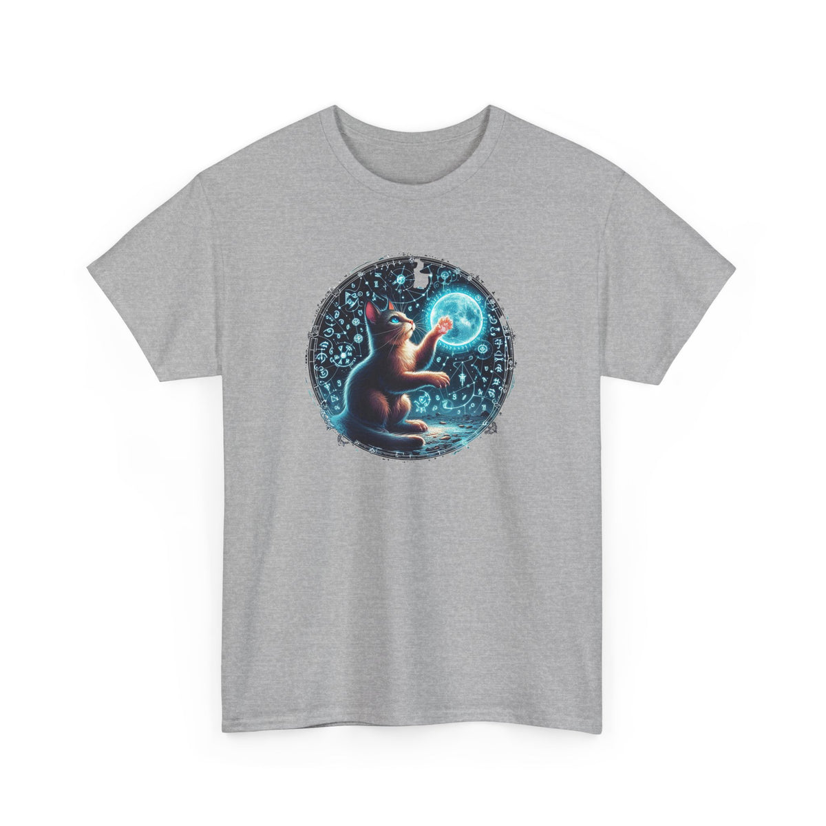 Tee Shirt Chat Mystique Homme Femme – T-Shirt Chat Lune Magique – Univers Astral Ésotérique – Design Fantastique Bleu