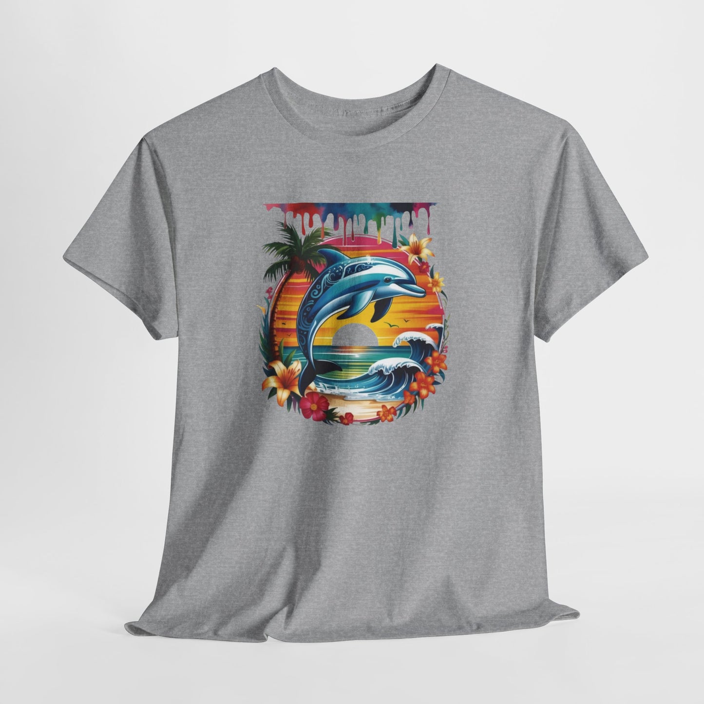 T-Shirt Dauphin Tropical Adulte – Dolphin Sunset Ocean Beach – Tee Shirt Été Vacances Noir Blanc Gris