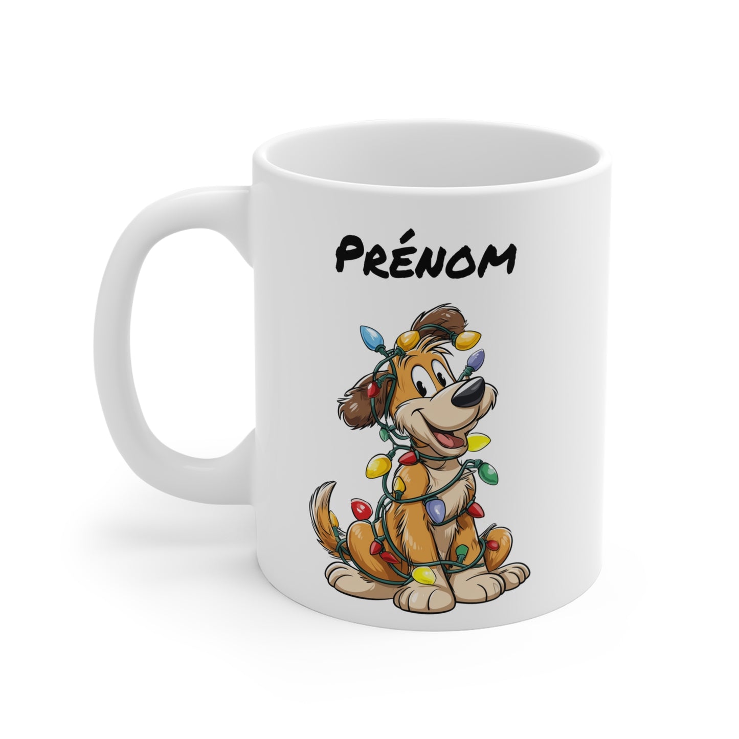 Tasse Personnalisée Chien de Noël – Mug Céramique 325 ml – Prénom et Guirlande Lumineuse – Cadeau Fête