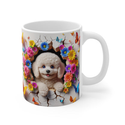 Tasse Céramique Bichon Frisé et Fleurs – Mug Chien Mignon Papillons – Cadeau Animaux Bohème 325ml