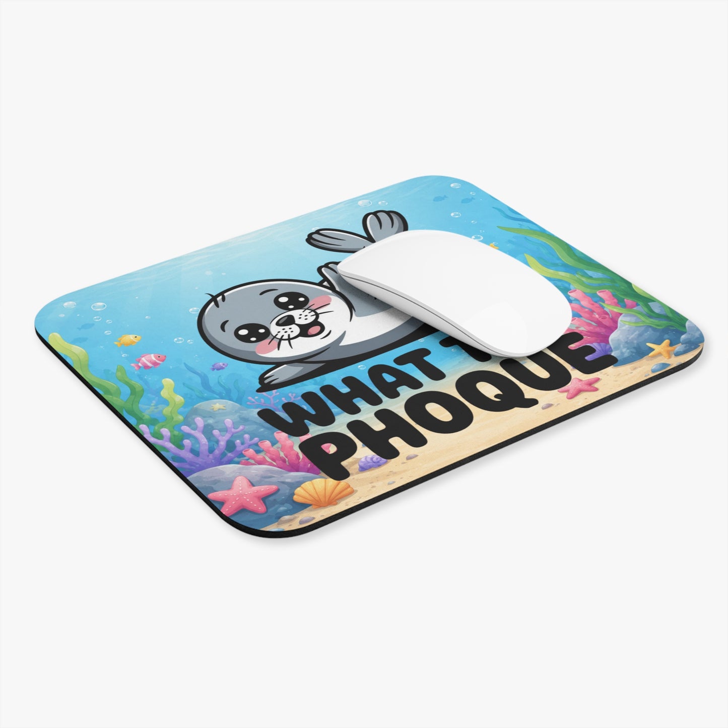Tapis de Souris 22x18cm What the Phoque Phoque Drôle Kawaii Humour Animal Marin Océan Bureau Gaming Cadeau Original