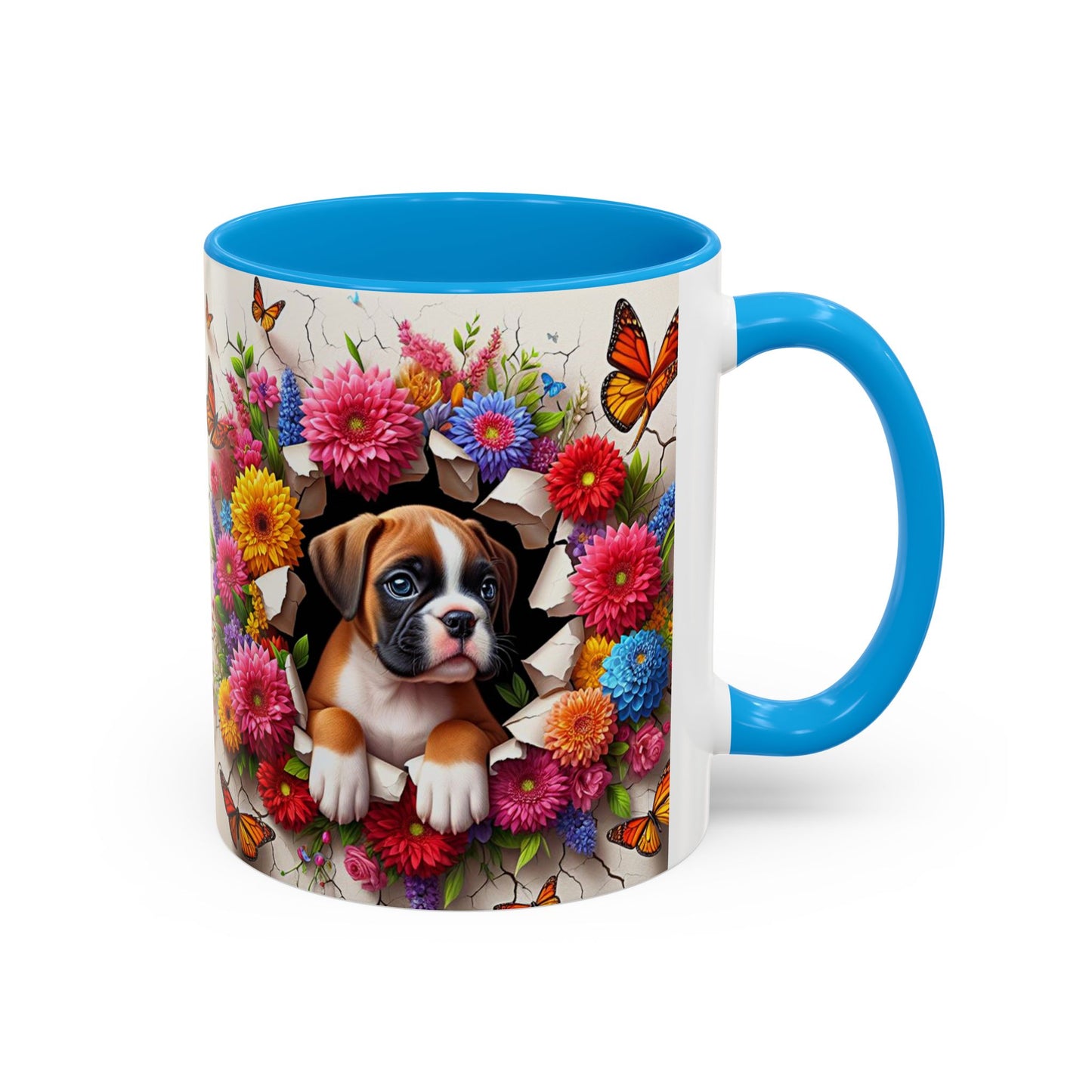 Mug Boxer Kawaii – Tasse Chiot Boxer avec Fleurs Colorées et Papillons – Cadeau Amoureux des Chiens 325ml