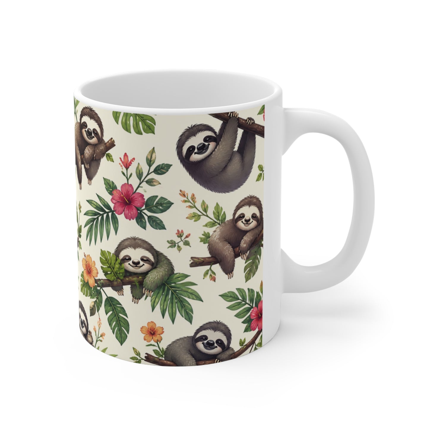 Tasse Paresseux Tropical Mignon – Mug Jungle Kawaii Fleur Hibiscus Feuilles Exotiques – Cadeau Homme Femme Enfant 325ml