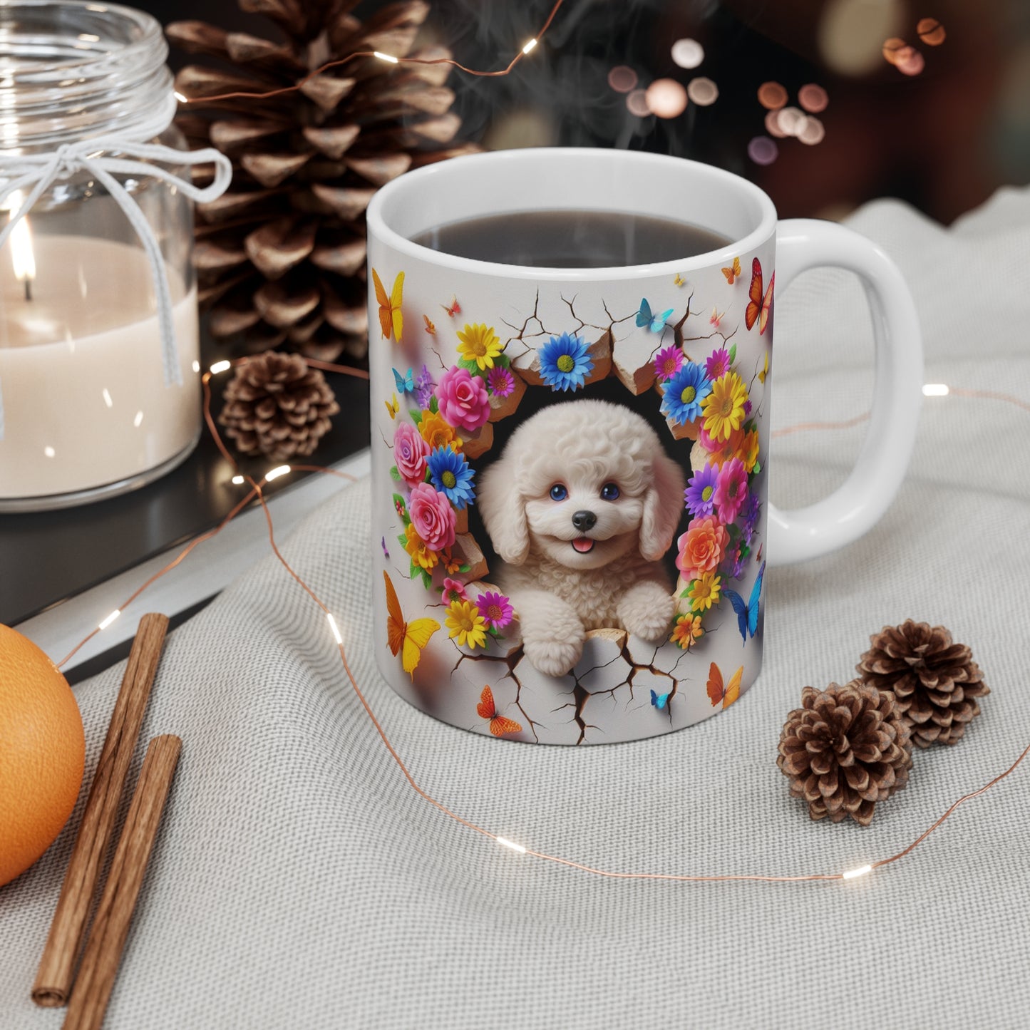 Tasse Céramique Bichon Frisé et Fleurs – Mug Chien Mignon Papillons – Cadeau Animaux Bohème 325ml
