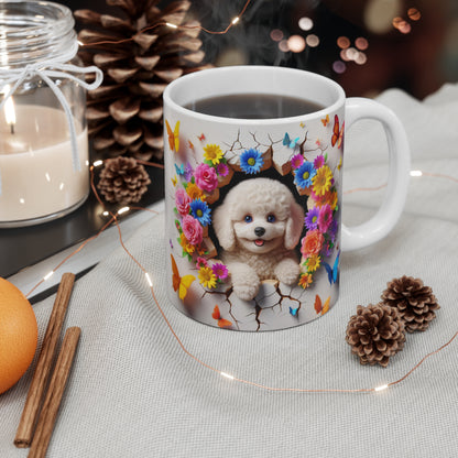 Tasse Céramique Bichon Frisé et Fleurs – Mug Chien Mignon Papillons – Cadeau Animaux Bohème 325ml