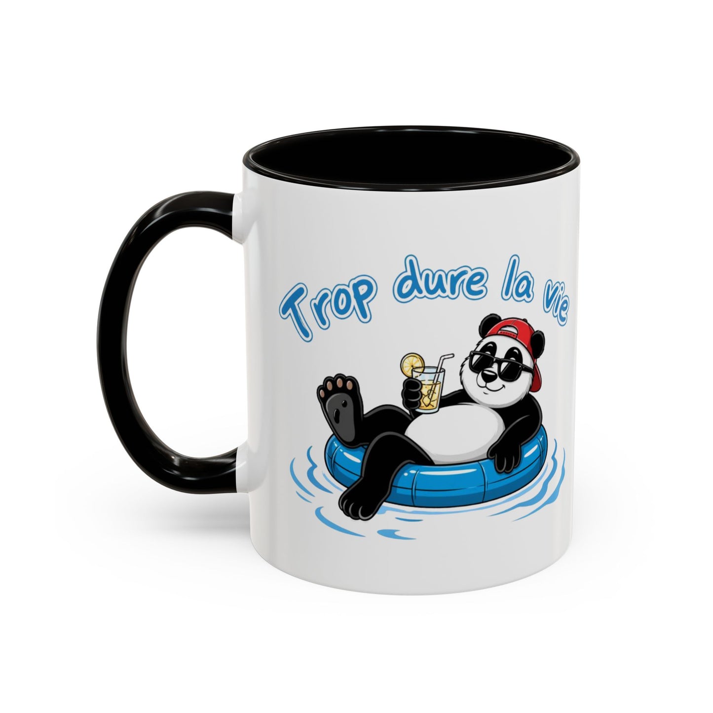 Mug Panda Relax Humour – “Trop Dure La Vie” – Tasse Panda Bouée Cocktail Vacances – Cadeau Drôle Homme Femme – Céramique 325ml Noir Bleu Rouge