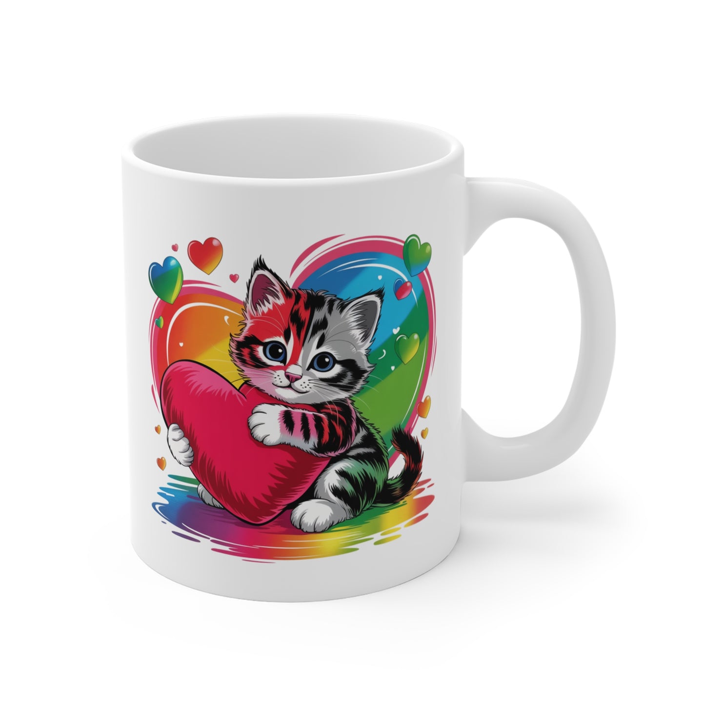 Tasse Chaton Mignon avec Cœur – Mug Kawaii Arc-en-Ciel et Love – Design Cute et Coloré – Cadeau Original Femme, Enfant et Amoureux des Chats – Céramique 325ml