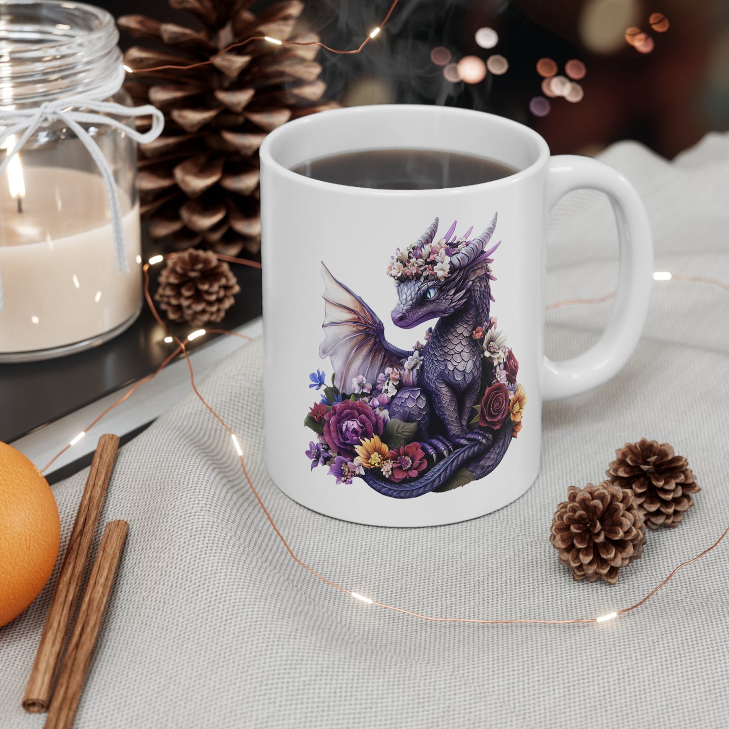 Tasse Dragon Violet et Fleurs – Mug Céramique 325 ml – Univers Fantasy, Féérique et Magique