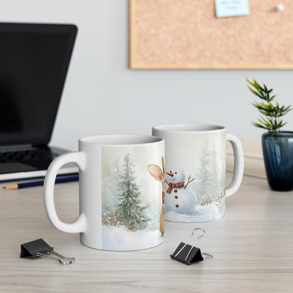 Mug Lapin et Bonhomme de Neige – Tasse de Noël Hiver Style Aquarelle – Cadeau Original Ambiance Enneigée Homme Femme