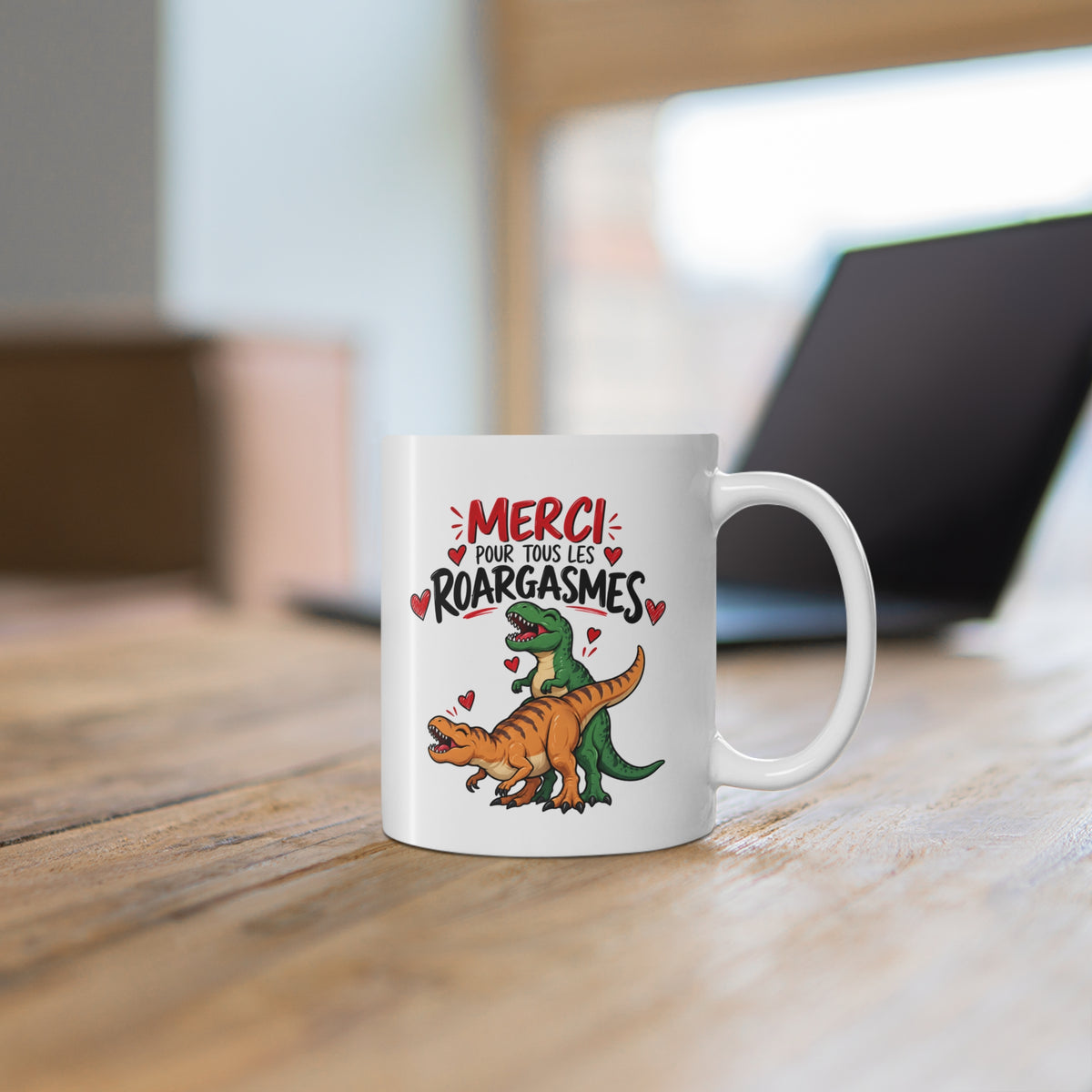 Mug Humour Dinosaure « Merci pour tous les Roargasmes » – Tasse Drôle avec T-Rex et Cœurs – Cadeau Original Couple Homme Femme