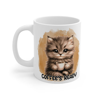Mug "Coffee's Ready" avec Chat – Tasse Céramique 325ml – Cadeau Amusant pour Amoureux des Chats et du Café