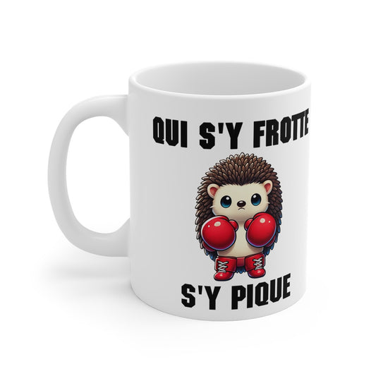 Mug "Qui s'y frotte s'y pique" avec Hérisson Boxeur – Tasse Céramique 325ml – Cadeau Fun et Original