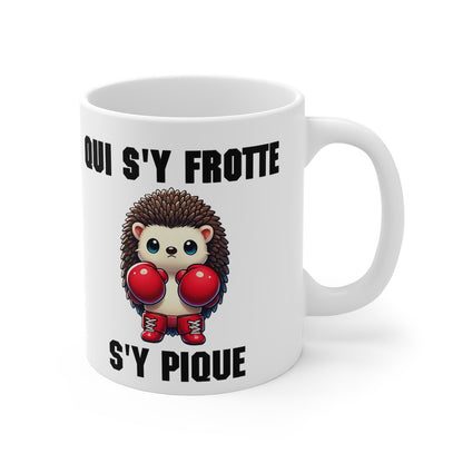 Mug "Qui s'y frotte s'y pique" avec Hérisson Boxeur – Tasse Céramique 325ml – Cadeau Fun et Original