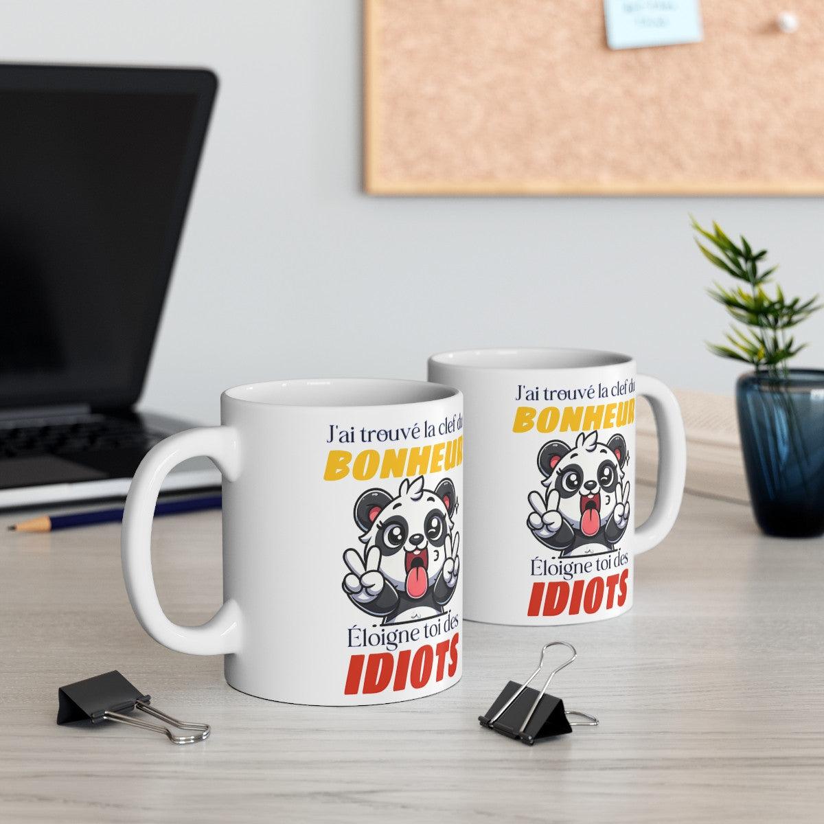 Mug "J'ai trouvé la clef du bonheur, éloigne-toi des idiots" – Tasse Céramique 325ml avec Panda – Cadeau Humour