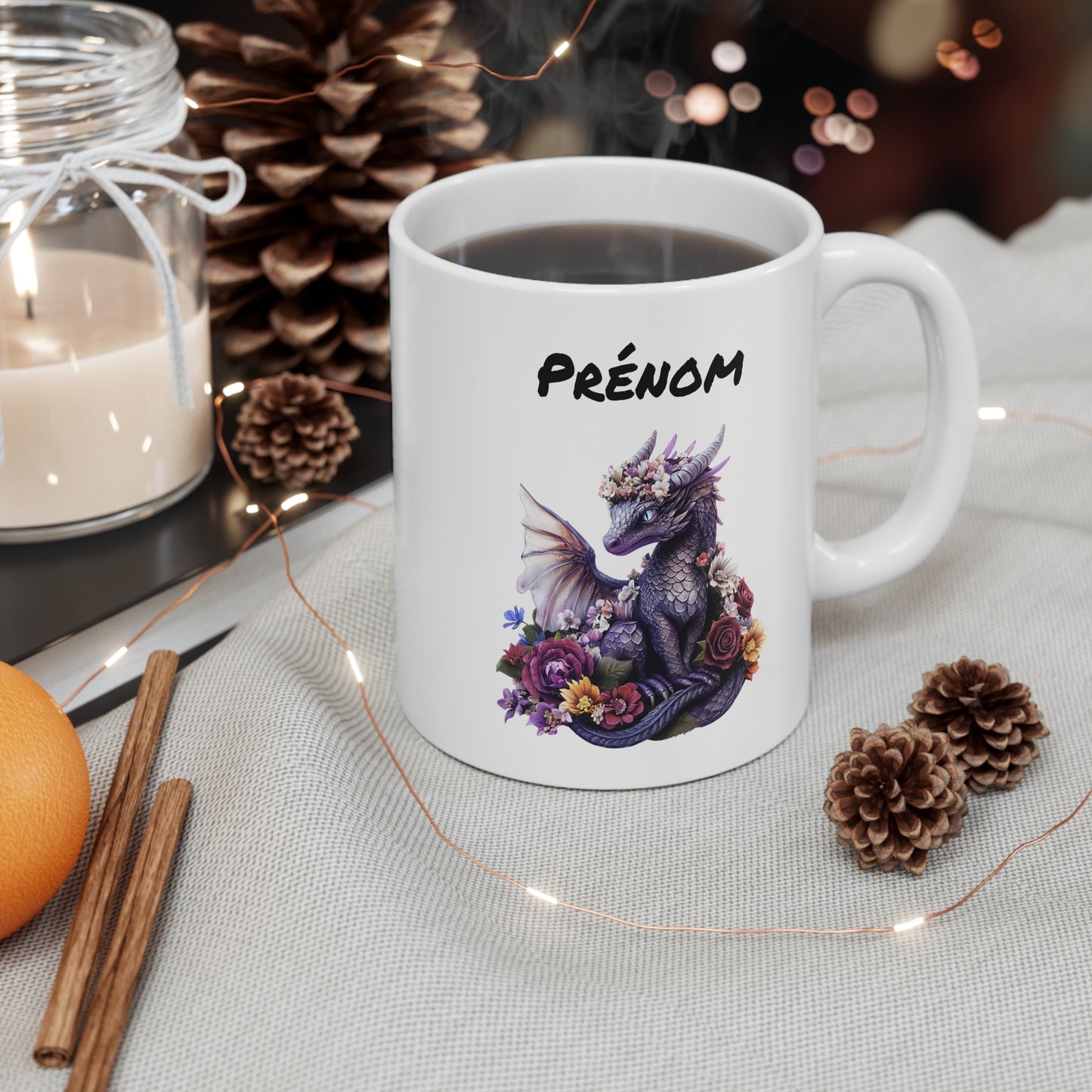 Tasse Personnalisable Dragon Violet et Fleurs – Mug Prénom Fantasy Bohème – Cadeau Magique Féérique 325ml