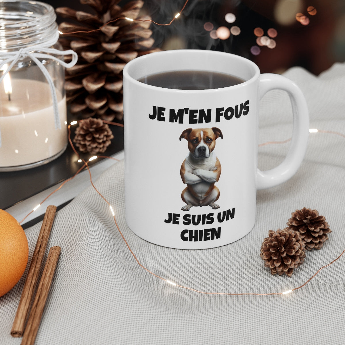 Mug "Je m'en fous, je suis un chien" avec Chien Croisant les Bras – Tasse Céramique 325ml – Cadeau Humour et Attitude Canine