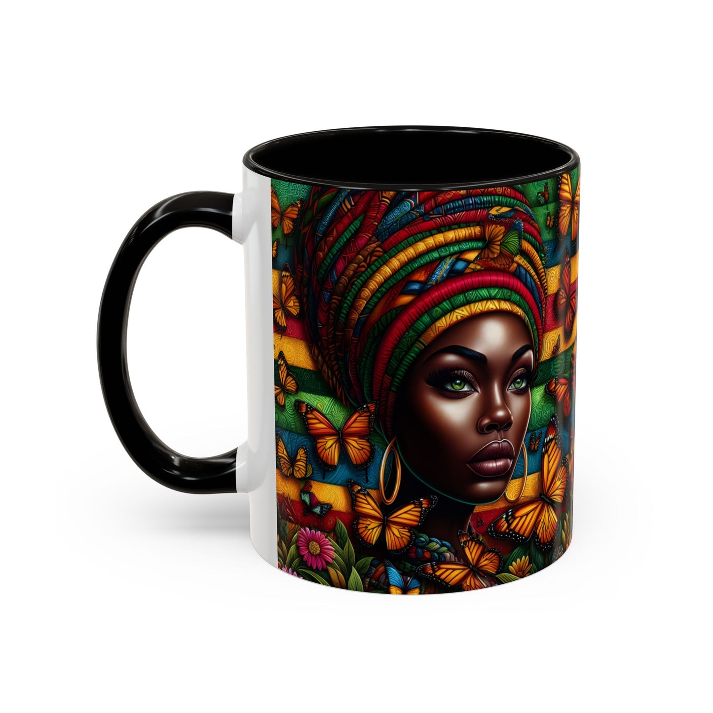 Mug Femme Afro Art Coloré – Tasse Portrait Afro avec Papillons et Motifs Tropicaux – Design Bohème 325ml