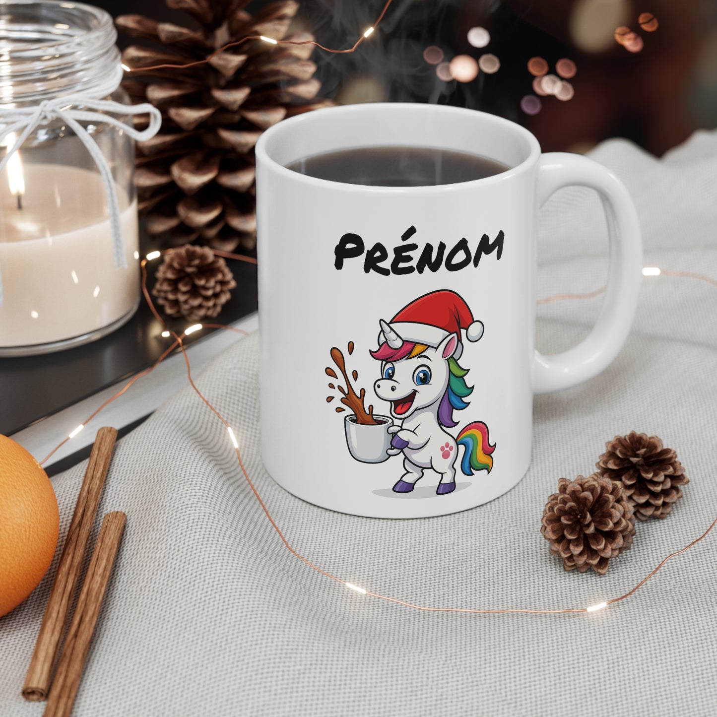 Tasse Personnalisable Licorne Noël – Mug Prénom Céramique 325ml – Cadeau Fêtes Mignon Original Micro-ondes Lave-vaisselle