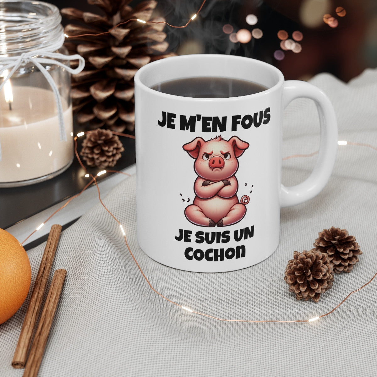Mug "Je m'en fous, je suis un cochon" avec Cochon Croisant les Bras – Tasse Céramique 325ml – Cadeau Humour et Attitude