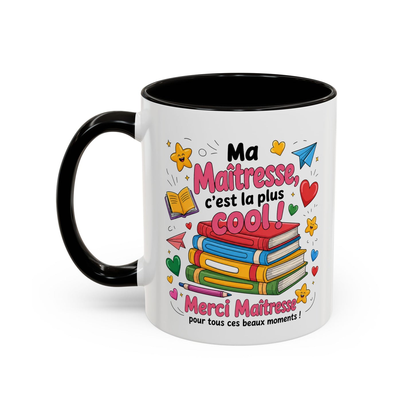 Tasse Merci Maîtresse – Mug Cadeau Fin d’Année École Primaire – Remerciement Enseignante 325ml Noir Bleu Rouge