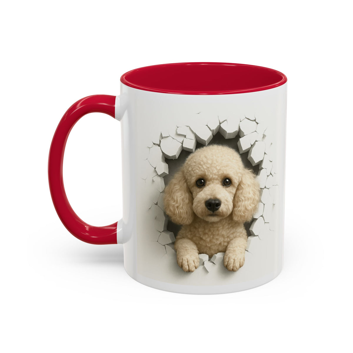 Mug Caniche Beige Effet Mur Cassé – Tasse Chien 3D Trompe-l’œil – Cadeau Original Amoureux des Caniches noir bleu rouge