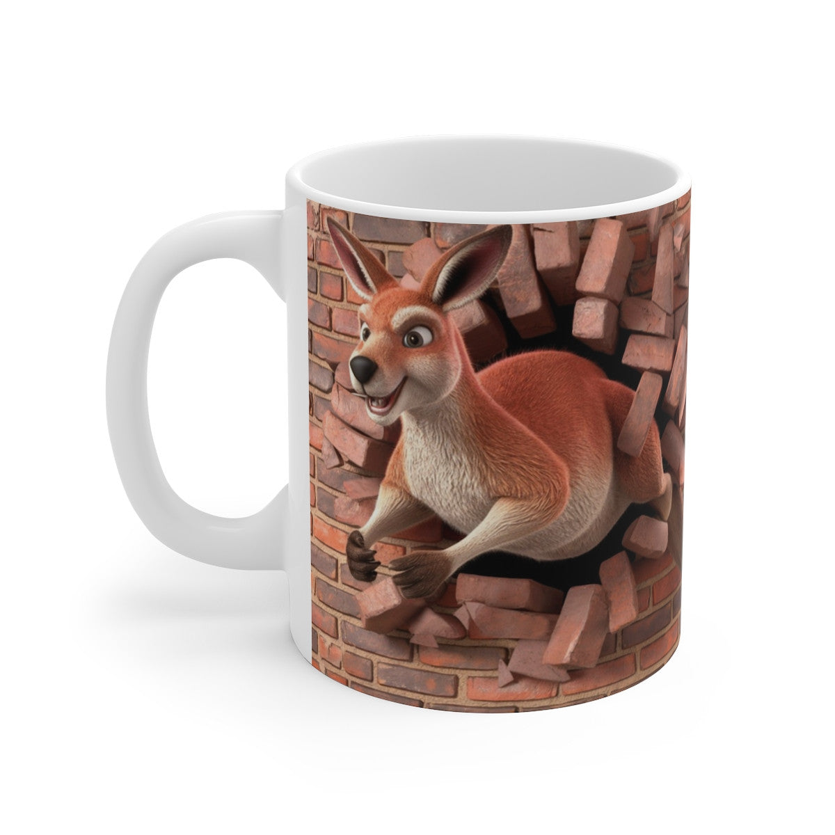 Mug humoristique design 3D kangourou sautant à travers un mur de briques - Cadeau original et fun