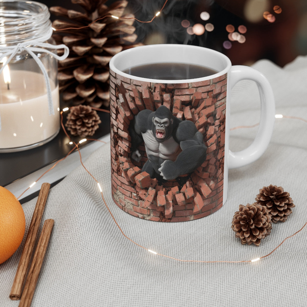 Mug 3D Gorille Défonçant un Mur de Briques - Mug Original et Puissant pour Amateurs d'Animaux Sauvages