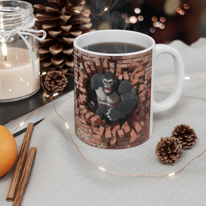 Mug 3D Gorille Défonçant un Mur de Briques - Mug Original et Puissant pour Amateurs d'Animaux Sauvages