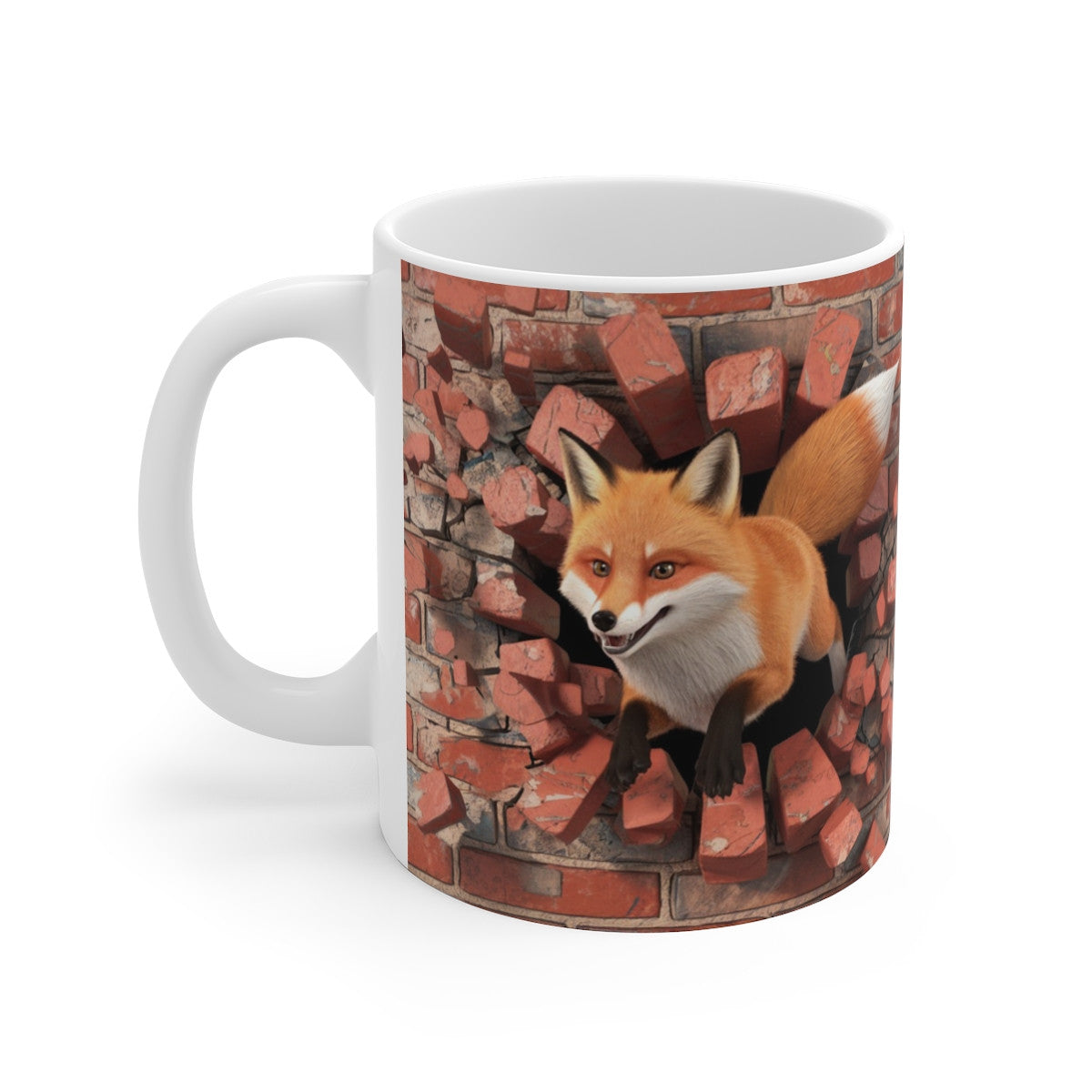 Mug Renard Sauvage Traversant un Mur de Briques - Design 3D Réaliste pour Amoureux de la Nature et des Animaux