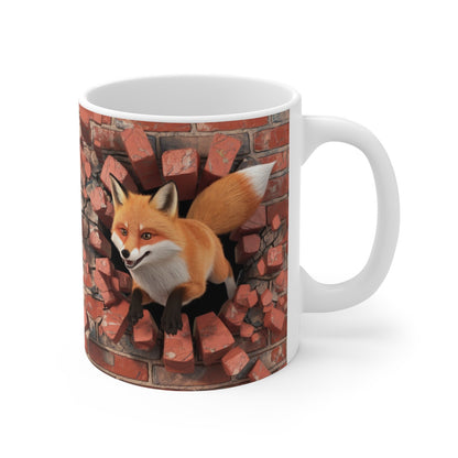 Mug Renard Sauvage Traversant un Mur de Briques - Design 3D Réaliste pour Amoureux de la Nature et des Animaux
