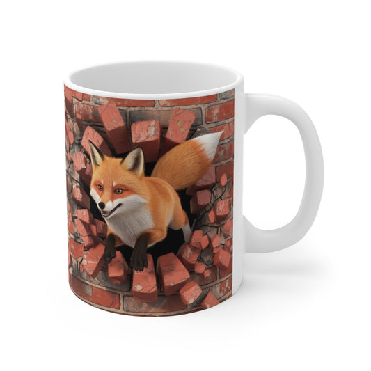 Mug Renard Sauvage Traversant un Mur de Briques - Design 3D Réaliste pour Amoureux de la Nature et des Animaux