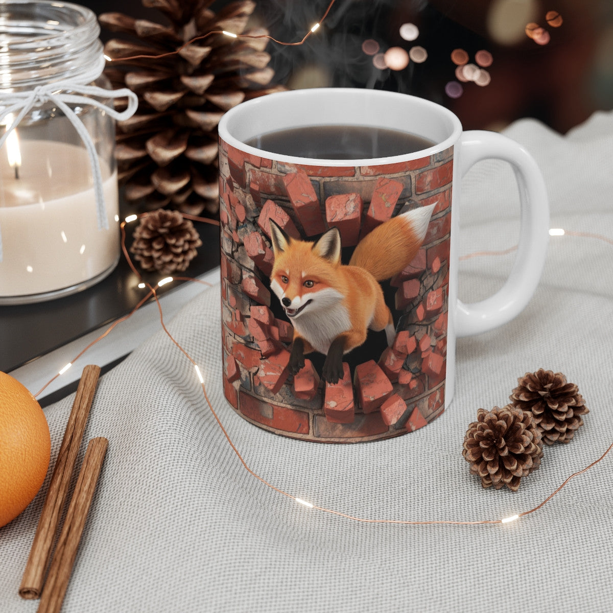 Mug Renard Sauvage Traversant un Mur de Briques - Design 3D Réaliste pour Amoureux de la Nature et des Animaux