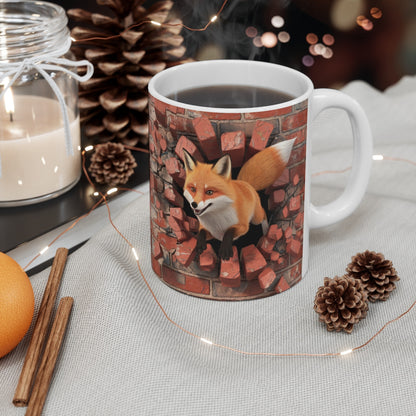 Mug Renard Sauvage Traversant un Mur de Briques - Design 3D Réaliste pour Amoureux de la Nature et des Animaux