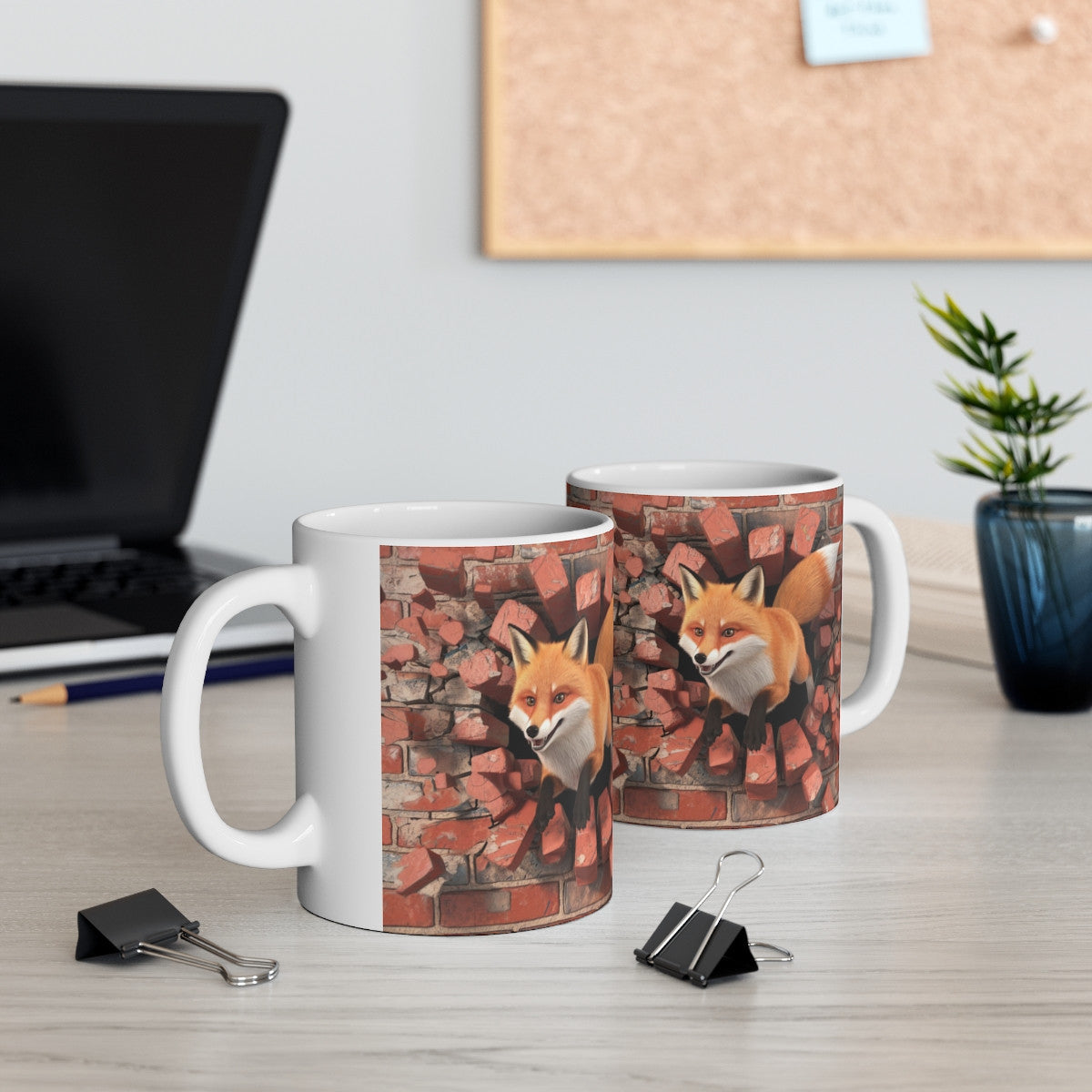 Mug Renard Sauvage Traversant un Mur de Briques - Design 3D Réaliste pour Amoureux de la Nature et des Animaux
