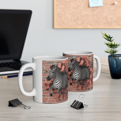 Mug Zèbre Sauvage Traversant un Mur de Briques - Design 3D Dynamique pour Amoureux de la Faune Africaine et de l'Art Original