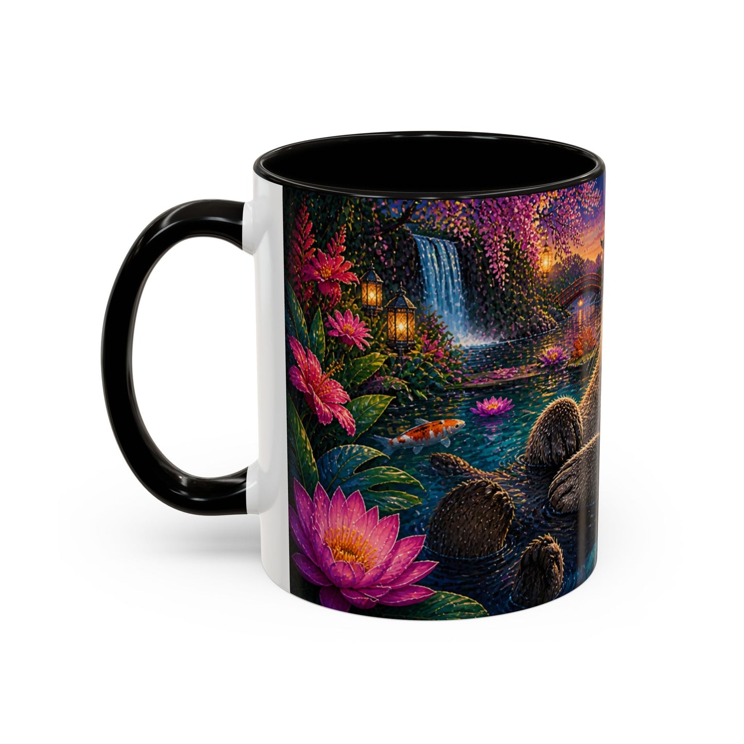 Tasse Loutre et Carpes Koi – Mug Jardin Japonais et Fleurs Tropicales – Design Artistique Relaxant – Céramique 325ml