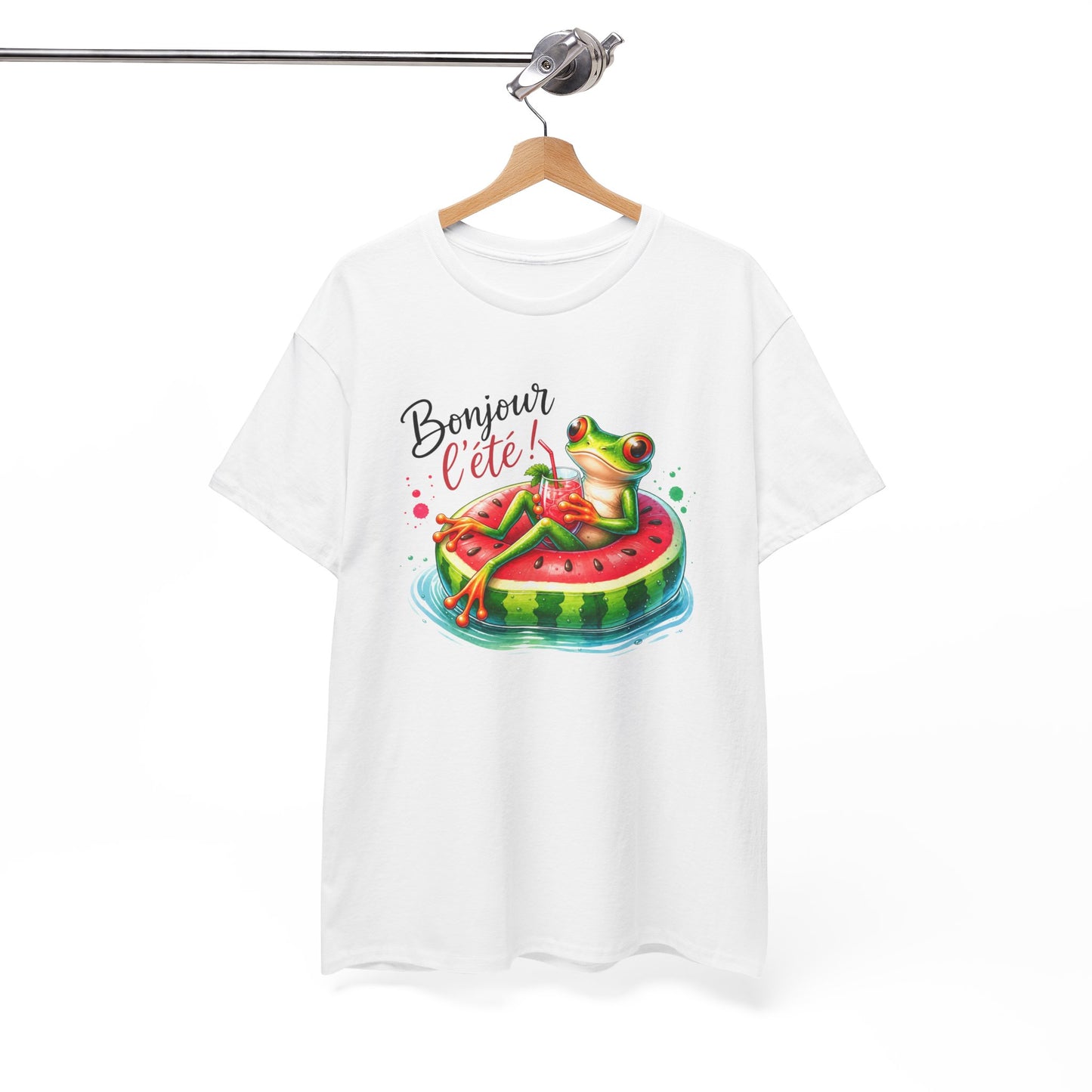 Tee-Shirt Bonjour l’Été Grenouille sur Bouée Pastèque – Cadeau Vacances Homme Femme Humour Soleil Plage