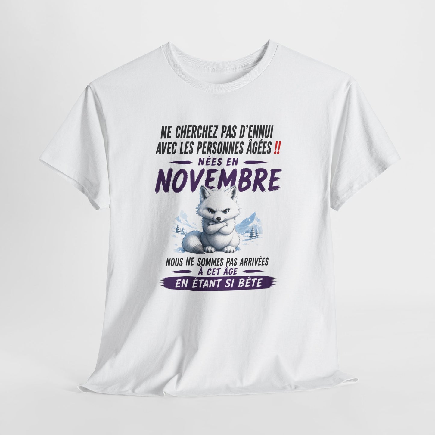 Tee-Shirt Né en Novembre Humour Senior – Cadeau Retraité Homme Femme – Renard Polaire Drôle Anniversaire Personne Âgée