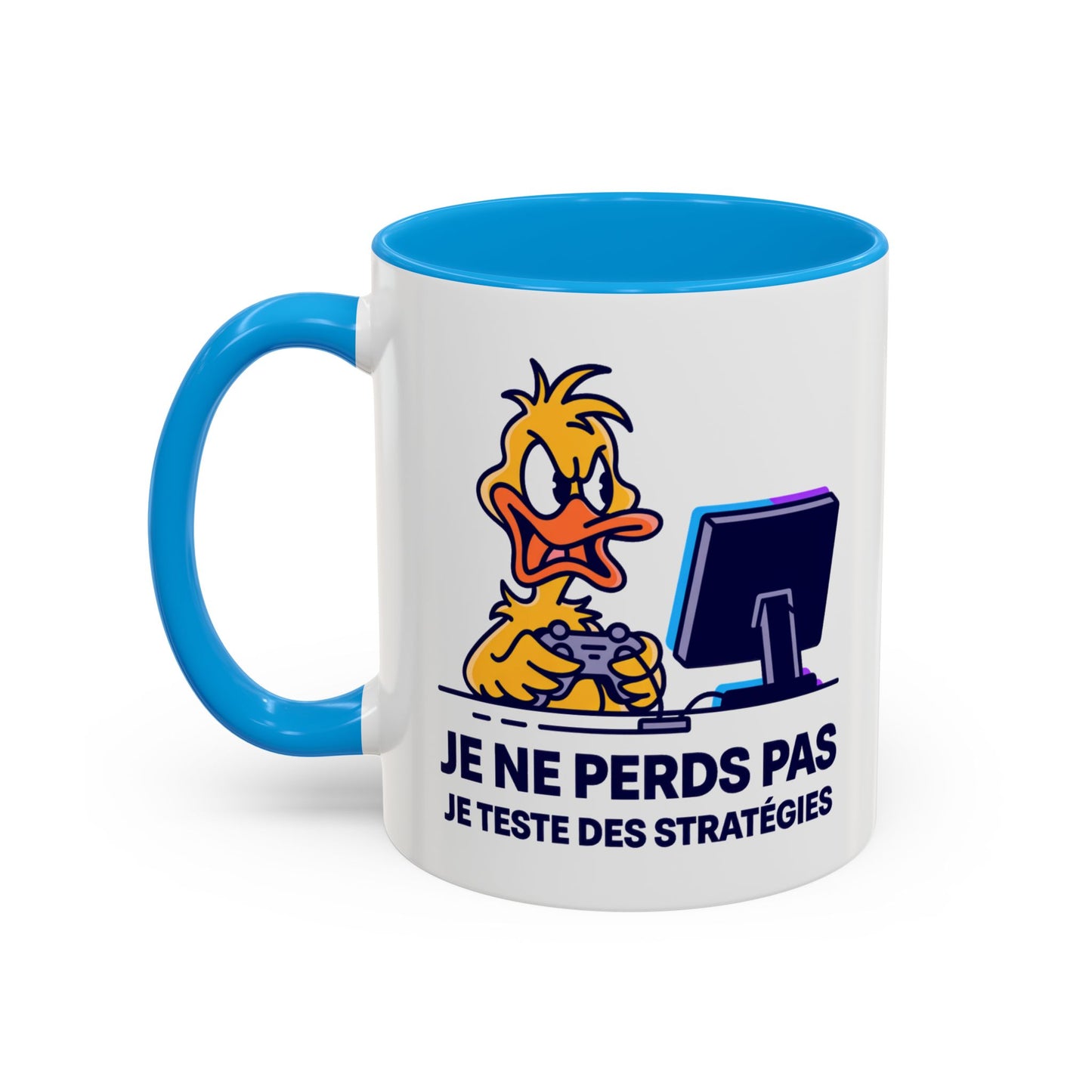 Mug Gamer Humour Canard – Je Ne Perds Pas Je Teste Des Stratégies – Tasse Gaming Drôle Console Jeux Vidéo – Cadeau Gamer Homme Femme – Céramique 325ml Noir Bleu Rouge