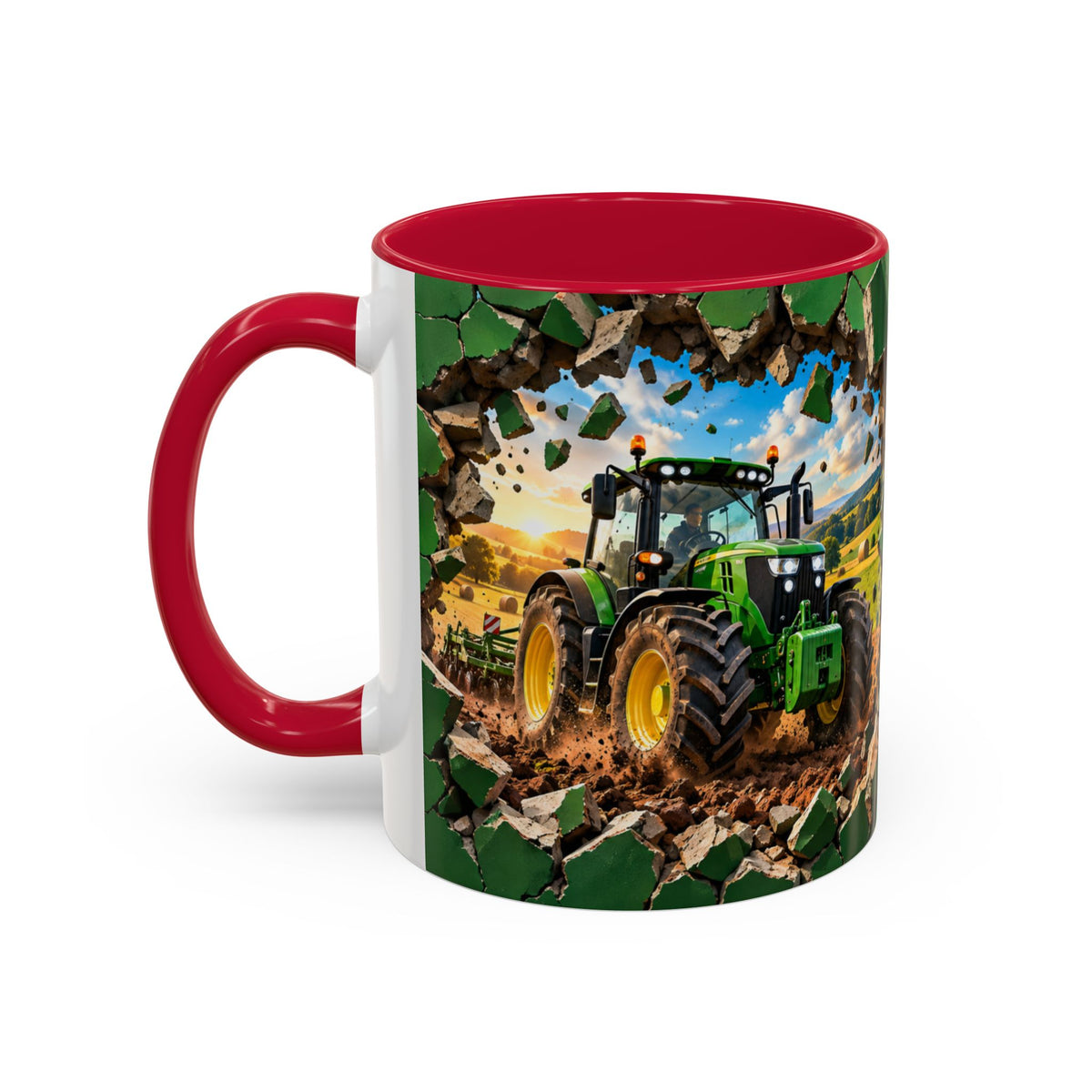 Mug Tracteur Agricole Vert – Tasse Agriculture avec Champ et Effet Mur Brisé – Cadeau Original Agriculteur Passionné de Tracteurs